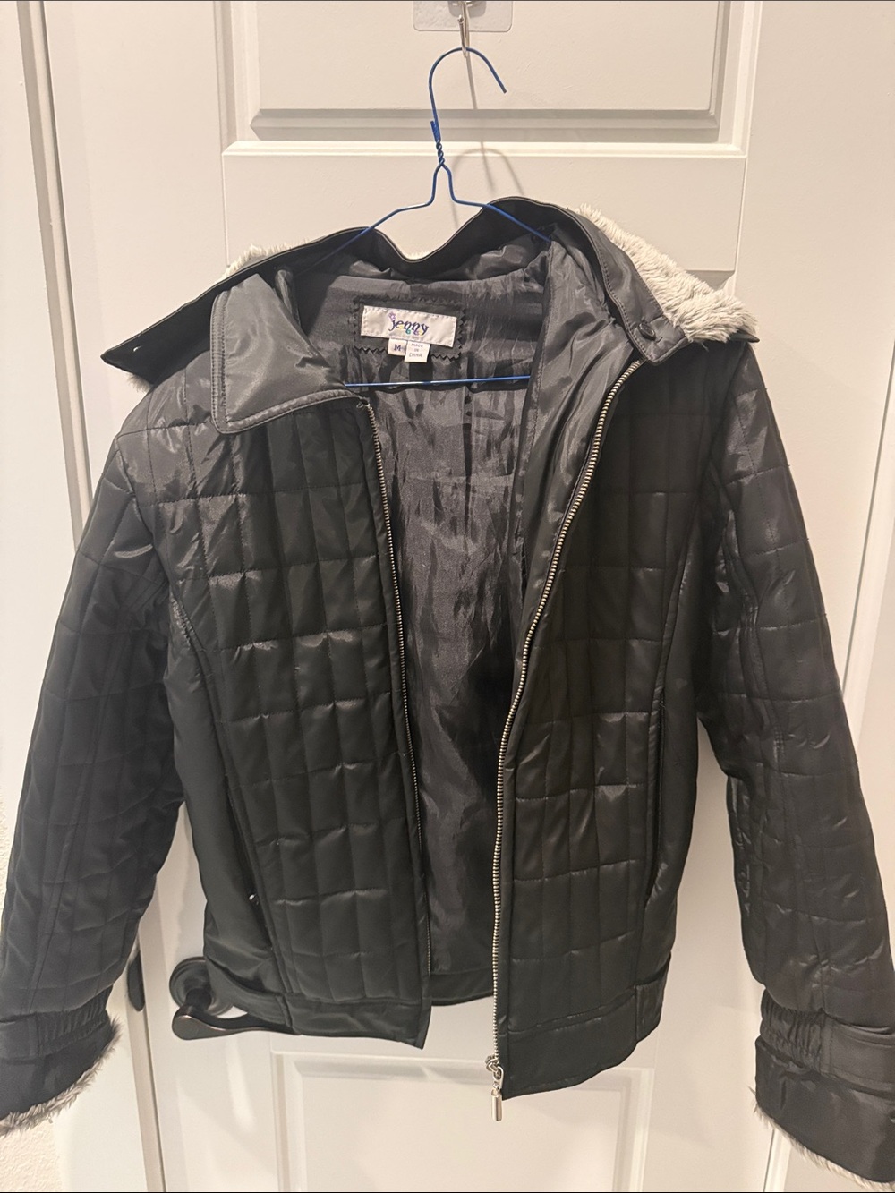 Jenny Yoo Black Quilted Pea Coat with Faux Fur Trim